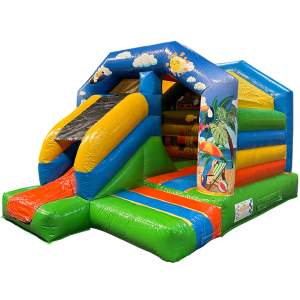 Loc de joaca gonflabil Boing Combo Mini Tropical, 4,6m x 3.7m x 2,8m, 5 locuri, 95 kg, garantie 2 ani, contine compresor